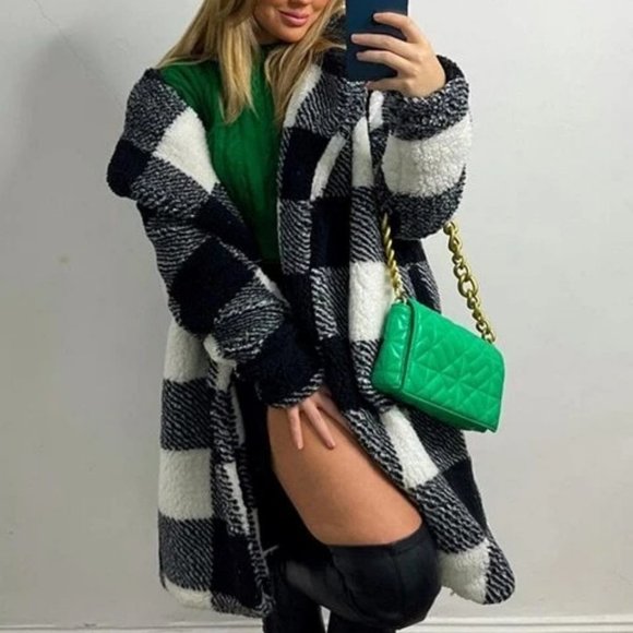 . Jackets & Blazers - Soft Plaid Print teddy faux fur jacket coat black